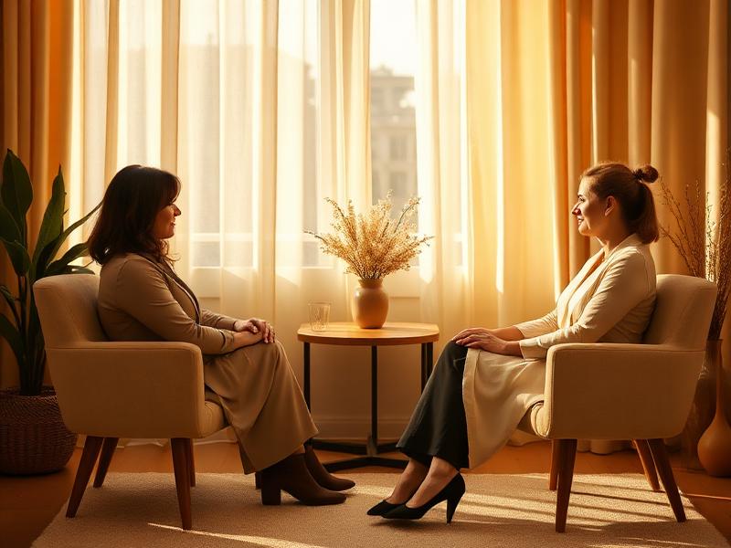 Duas pessoas conversando em poltronas em um consultório acolhedor com luz suave