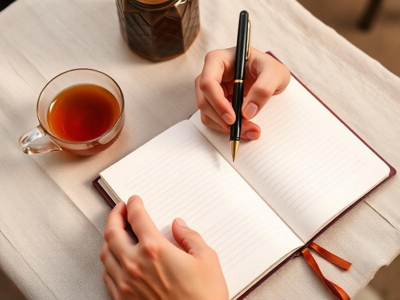 Mãos escrevendo anotações práticas em um caderno ao lado de uma xícara de chá