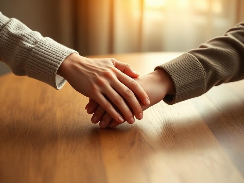 Duas mãos entrelaçadas sobre uma mesa de madeira, simbolizando conexão humana