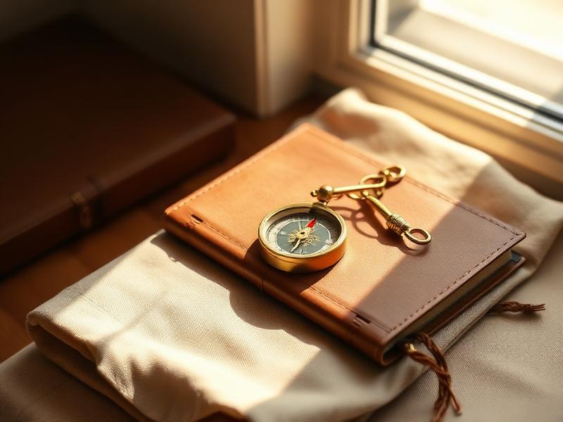 Bússola dourada sobre um caderno de couro iluminado pela luz do sol
