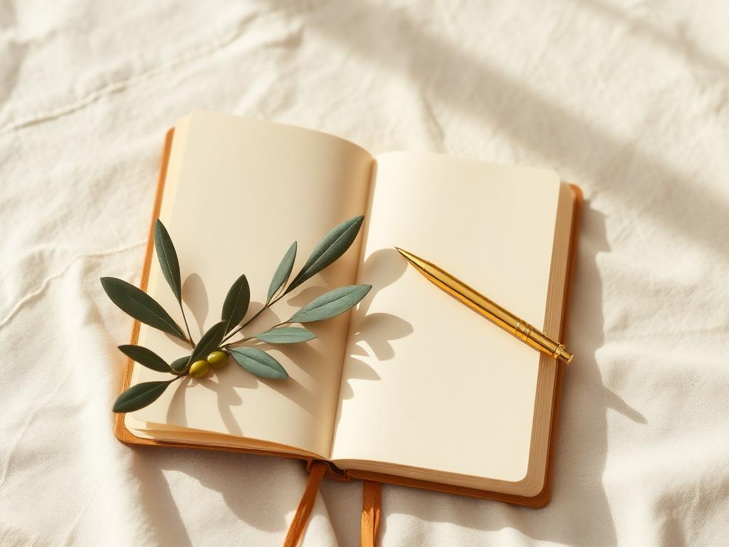 Caderno bege aberto com caneta dourada sobre tecido natural