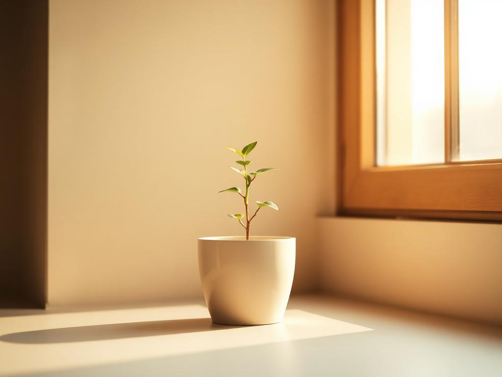 Pequena planta crescendo em vaso cerâmico iluminada por luz natural